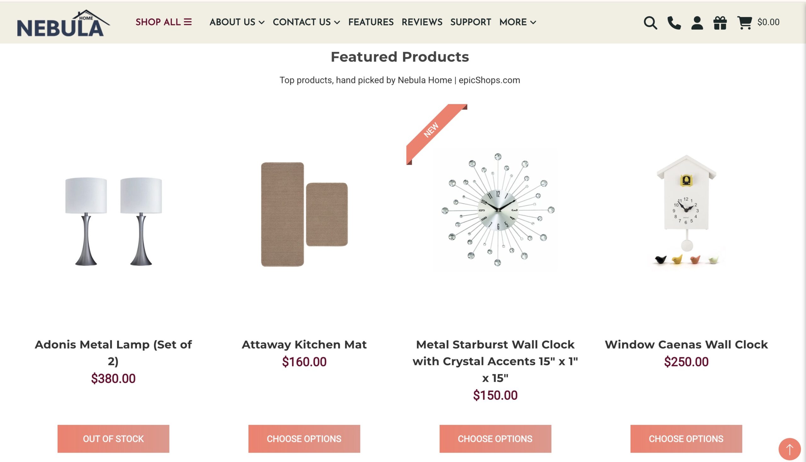 Nebula Home product grid displaying Adonis Metal Lamp set, Attaway Kitchen Mat, Metal Starburst Wall Clock, and Window Caenas Wall Clock with pricing and call-to-action buttons below each item.