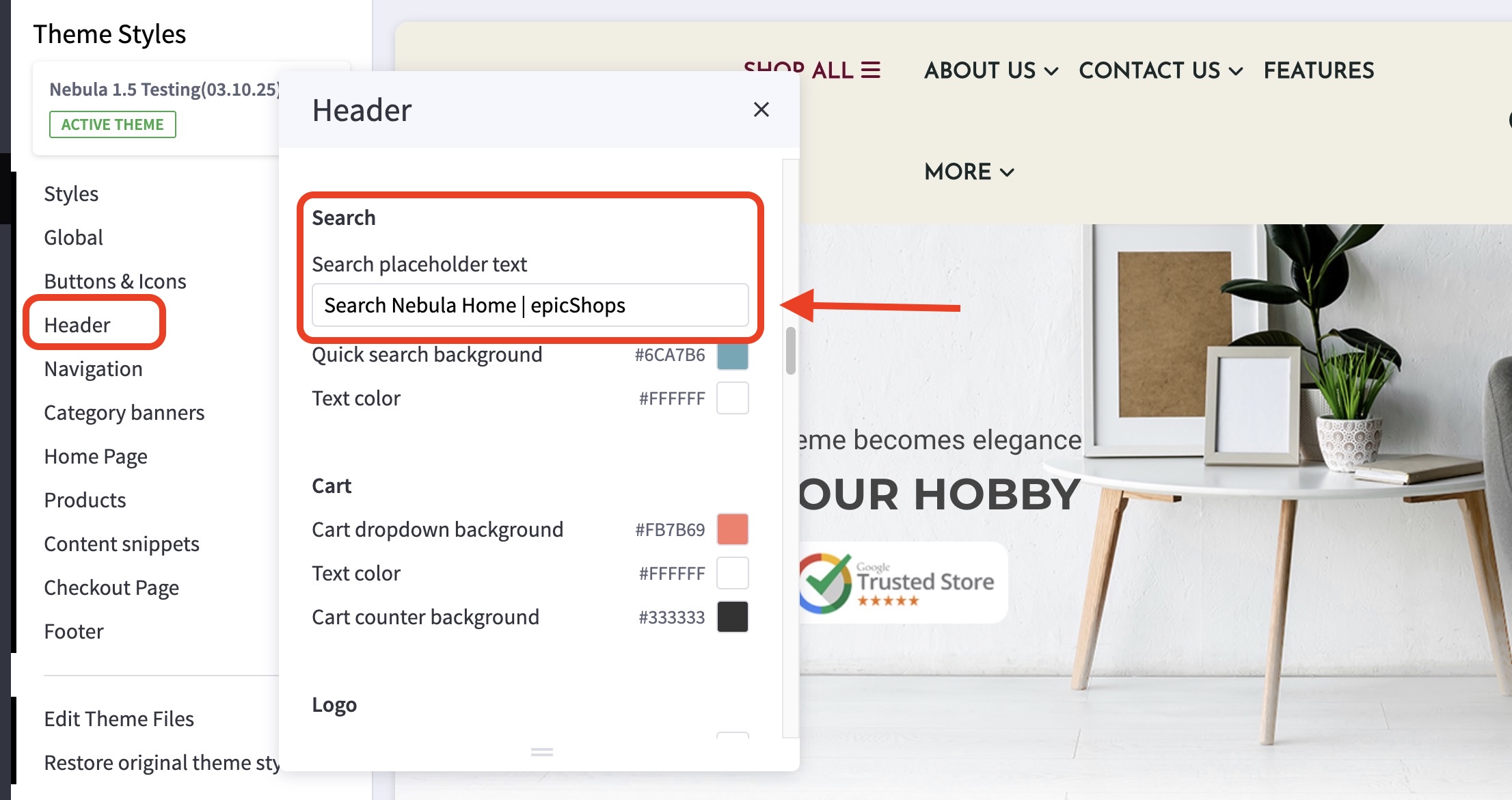 Nebula theme Header settings panel showing Search placeholder text field set to “Search Nebula Home | epicShops.”
