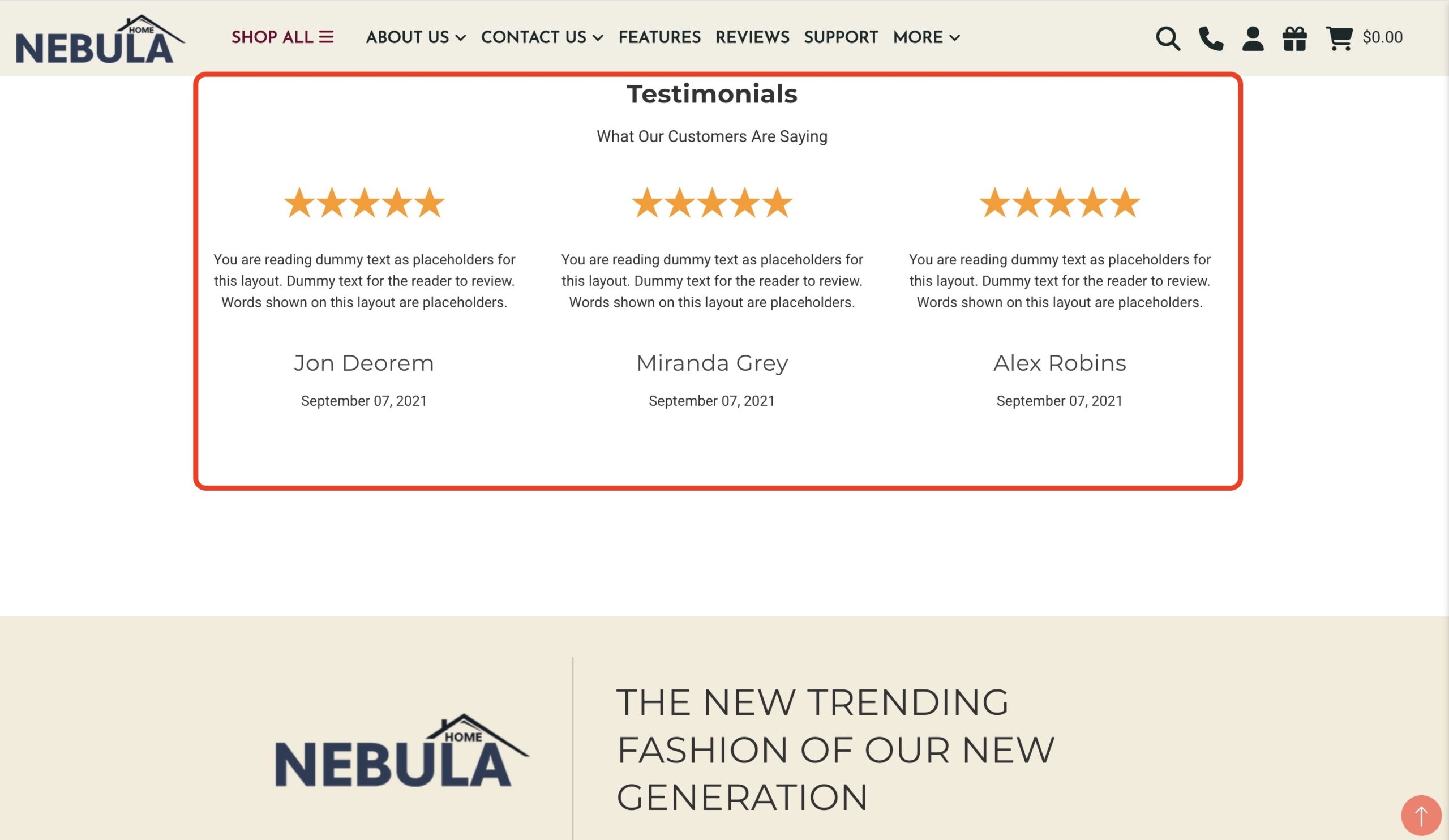 Nebula website testimonials section with three 5-star customer reviews from Jon Deorem, Miranda Grey, and Alex Robins.