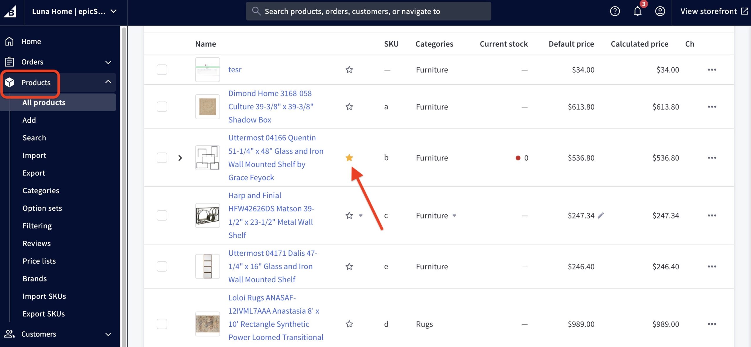 BigCommerce admin Products list; yellow star marks a featured product. Left sidebar shows Products menu.