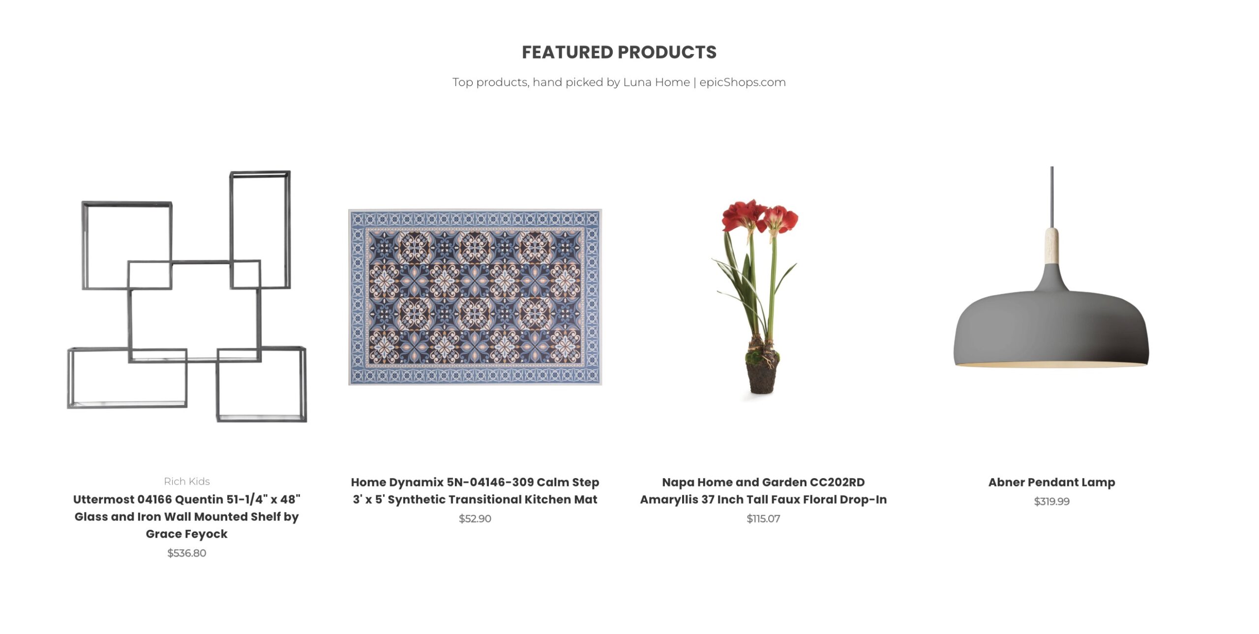 Luna theme website section titled “Featured Products” showing wall shelf, blue patterned mat, red amaryllis drop-in, and gray pendant lamp.