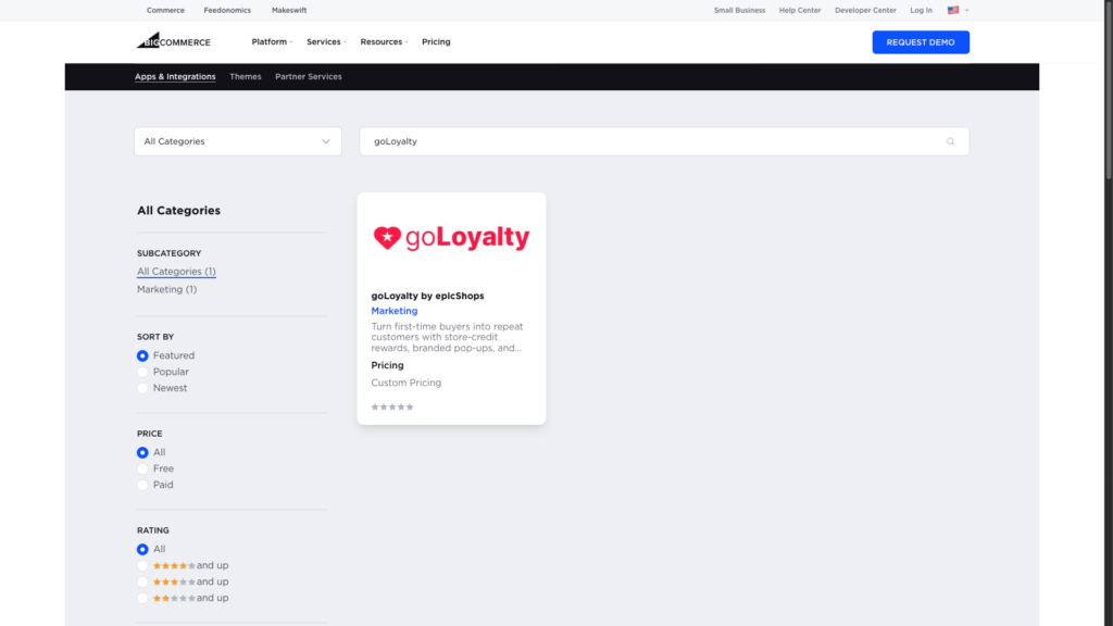 BigCommerce App Marketplace showing the goLoyalty app in the search results