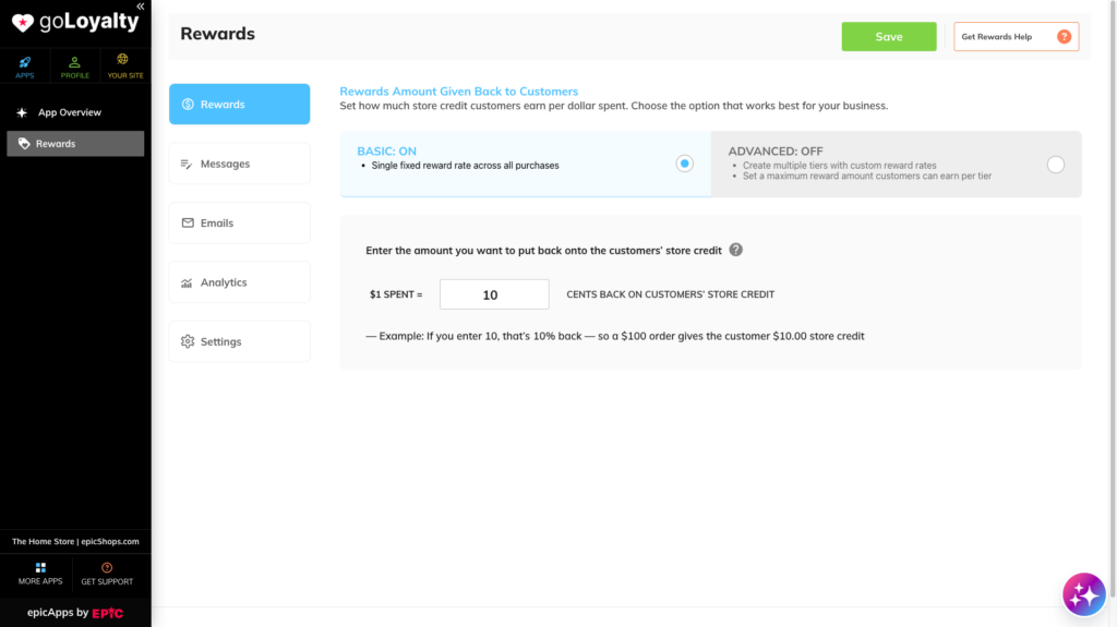 Basic reward setup showing a fixed reward rate being configured in goLoyalty
