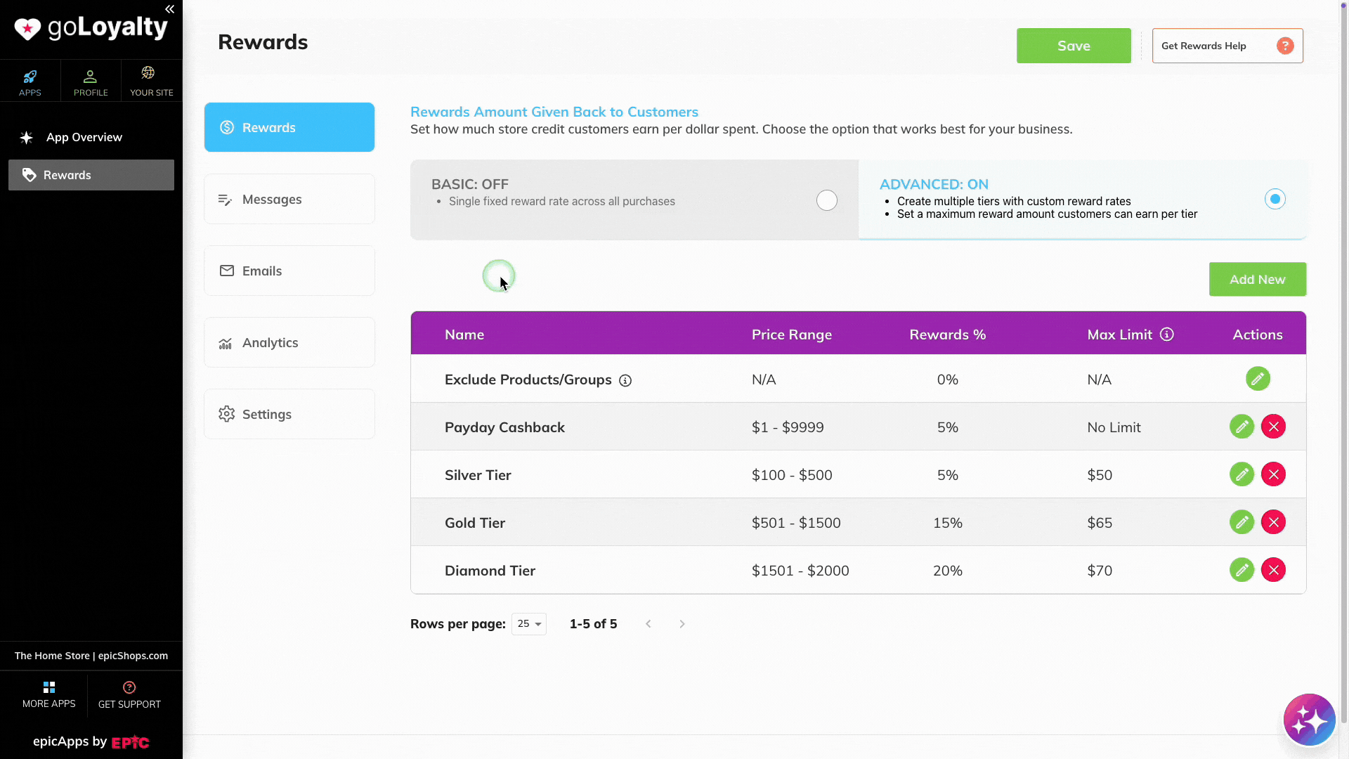 Messages tab showing Pop-Out and Text Snippet message options in goLoyalty