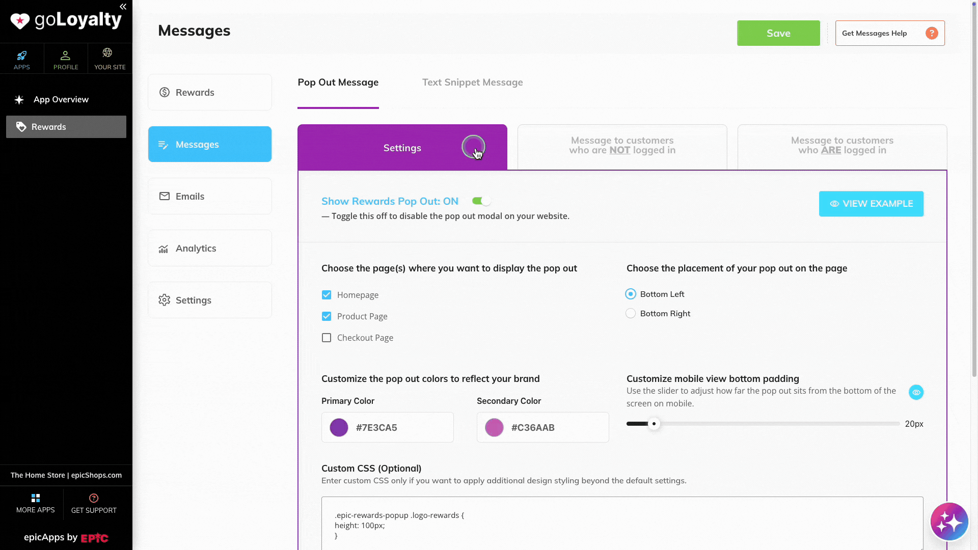 Pop-out message editor showing separate messages for logged-out and logged-in customers