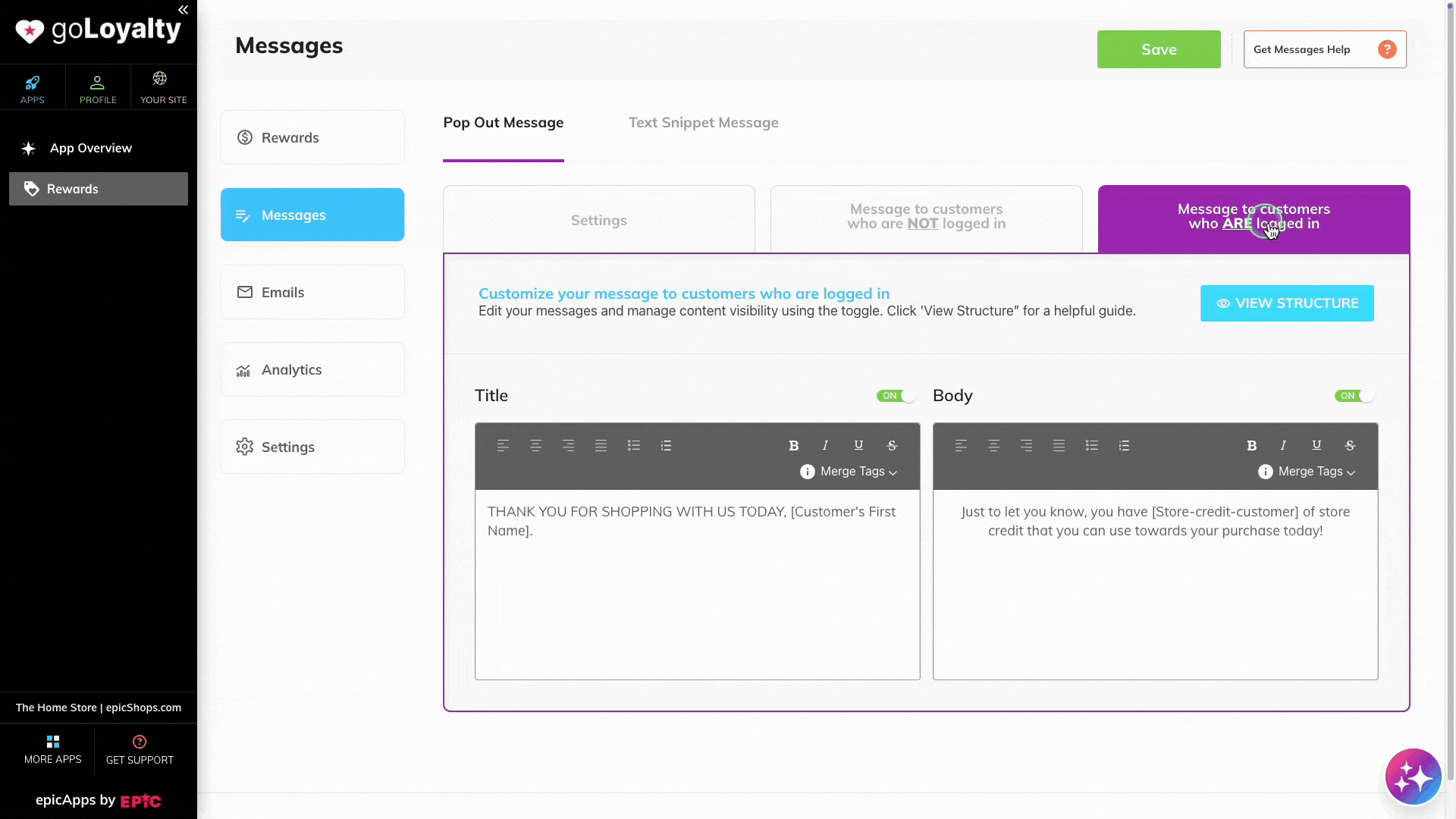 Text snippet settings showing how to enable snippets and choose where they appear in goLoyalty
