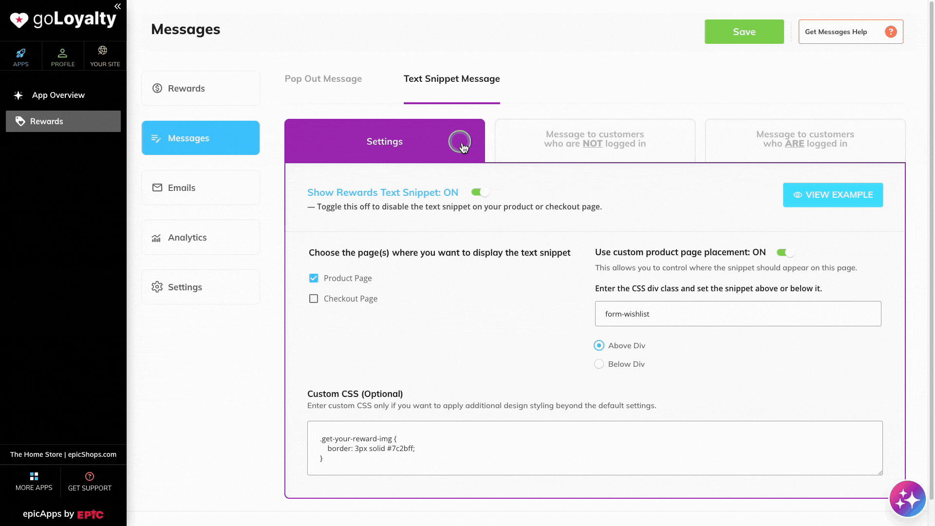 Text snippet message editor showing customizable reward messages for shoppers