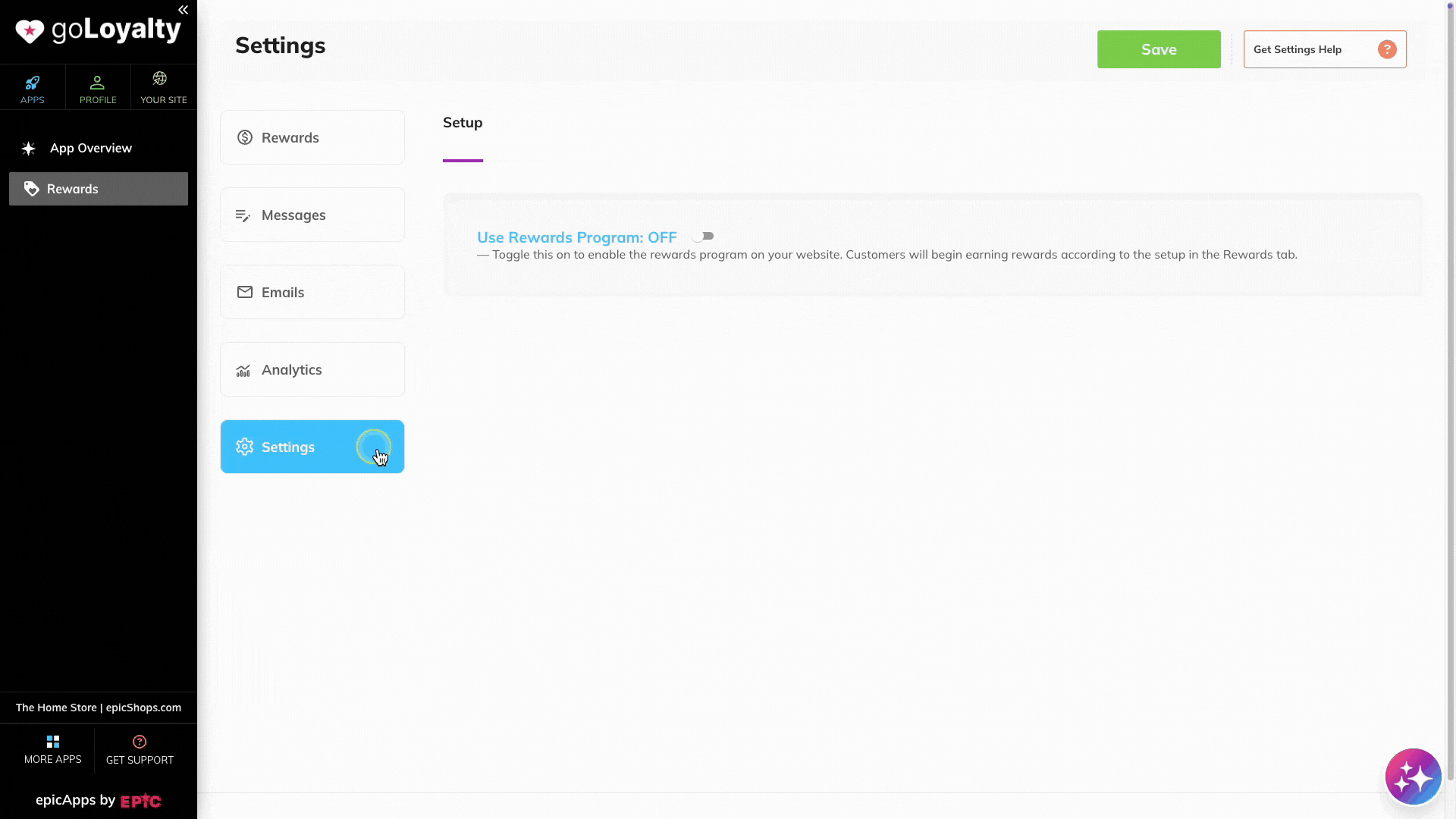Reward settings showing how to enable rewards and choose the order status trigger in goLoyalty