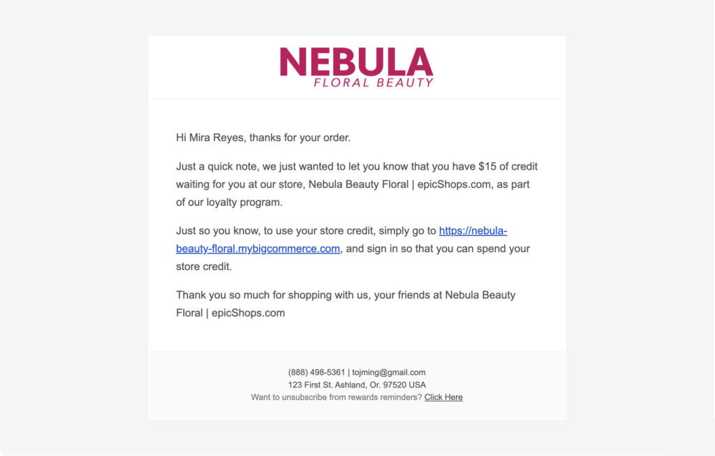 Sample order confirmation email sent