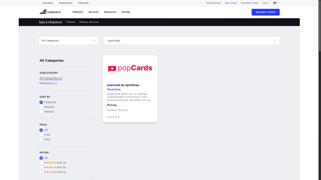 BigCommerce App Marketplace showing the popCards app in the search results