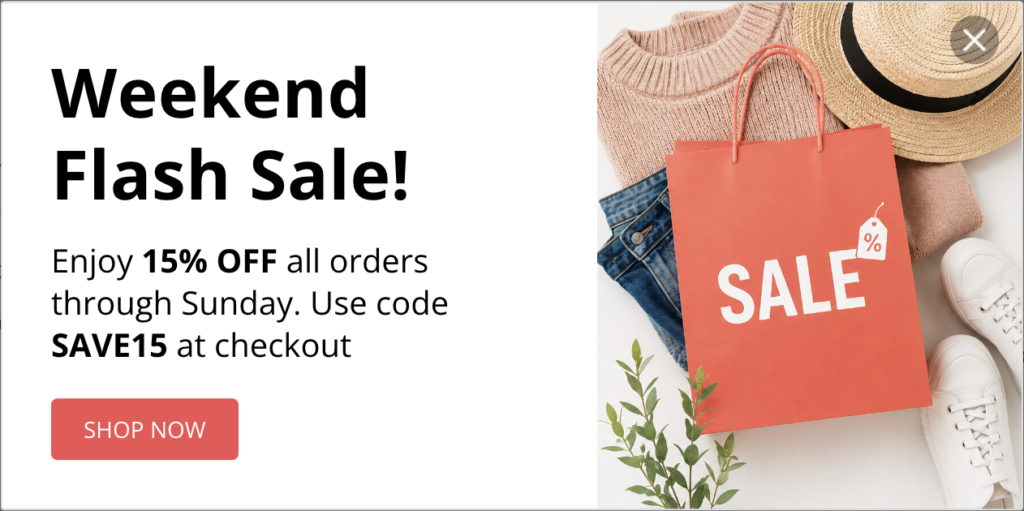 Weekend Flash Sale PopCard featuring a 15% off promotion with shopping bag imagery and a Shop Now button.