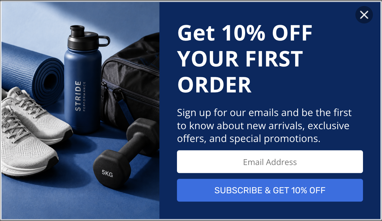 Welcome discount Opt-In PopCard offering 10% off a first order with a signup form beside a fitness equipment display.