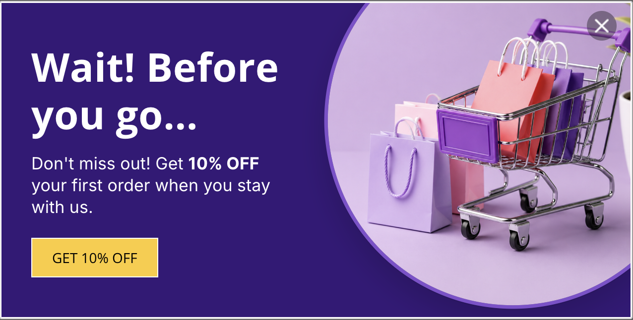 Exit intent PopCard encouraging visitors to continue shopping with a special offer alongside a gift box image.