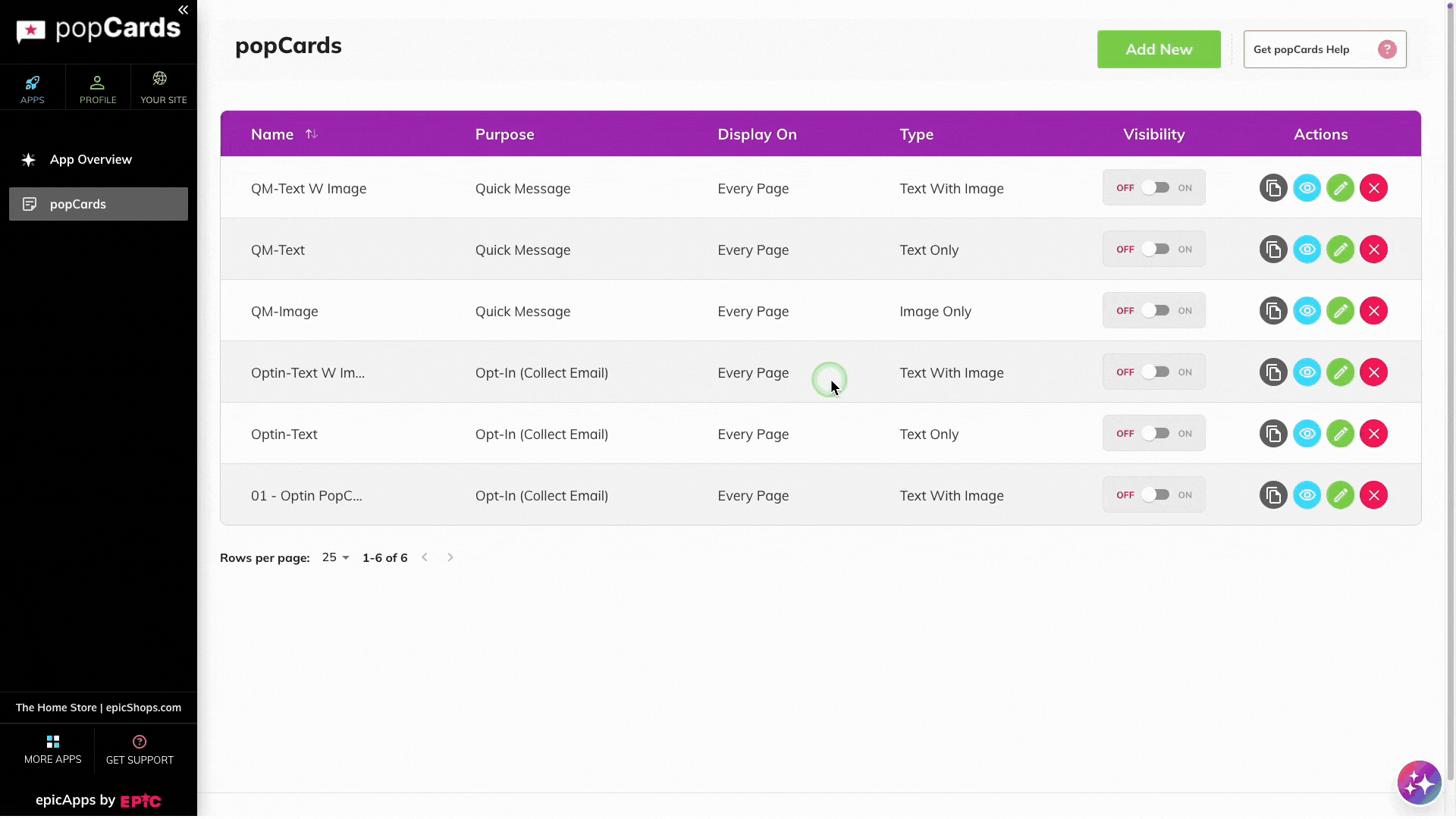  Animated demonstration of creating a new Pop Card by clicking Add New and selecting either Quick Message or Opt-In (Collect Email).
