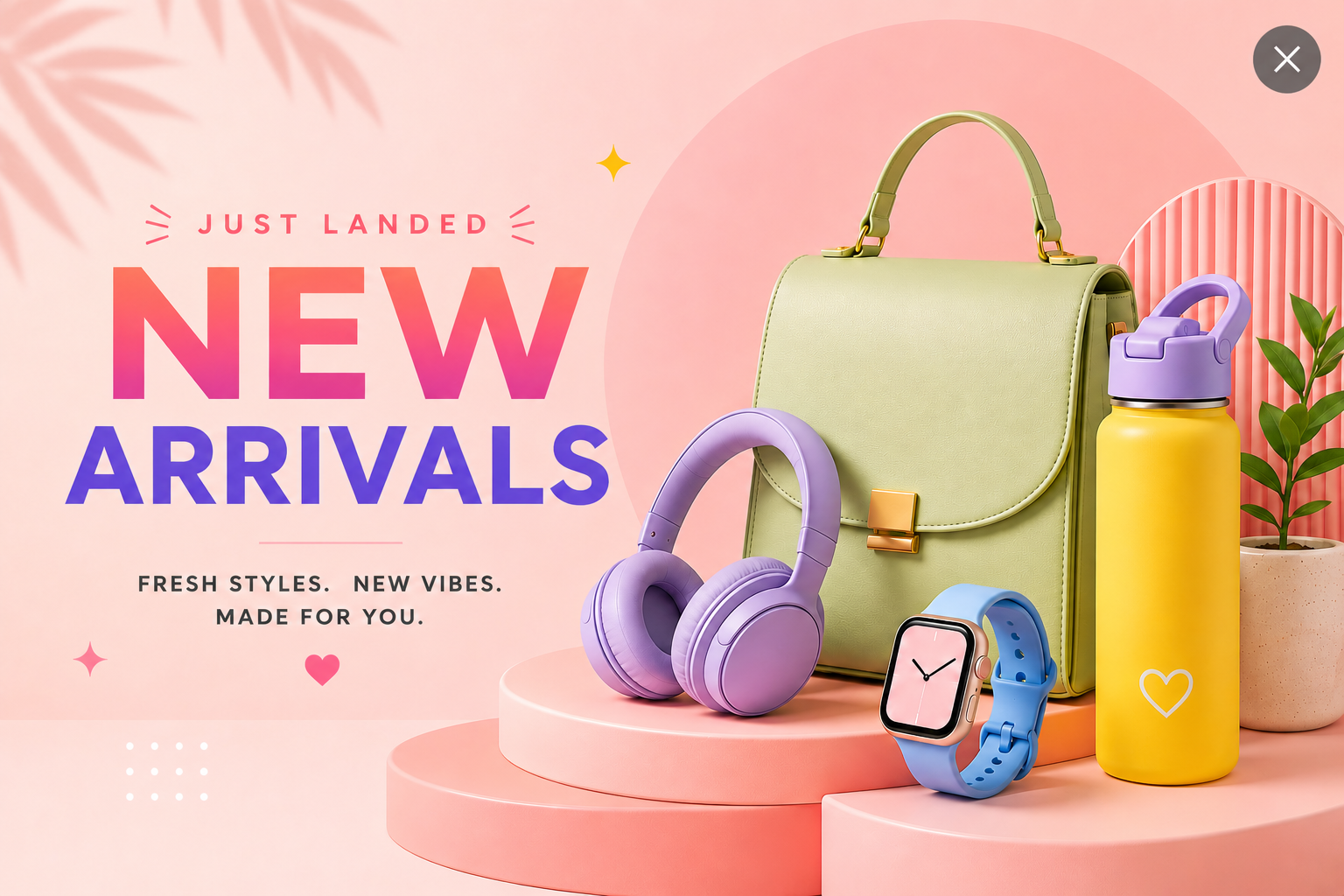 Image-only PopCard promoting new arrivals with colorful lifestyle products including headphones, a handbag, smartwatch, and water bottle.