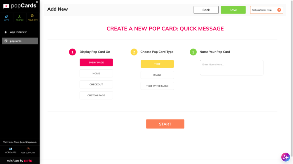 Create a New Pop Card screen displayed after selecting a Pop Card type.