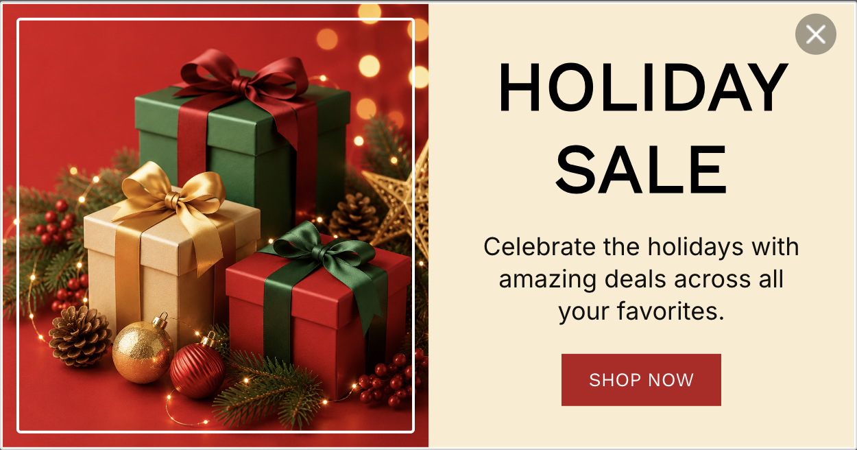 Holiday Sale PopCard featuring festive seasonal decorations and a limited-time holiday promotion.