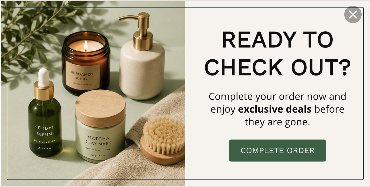 Checkout reminder PopCard encouraging customers to complete their purchase with premium product imagery and a checkout call to action.