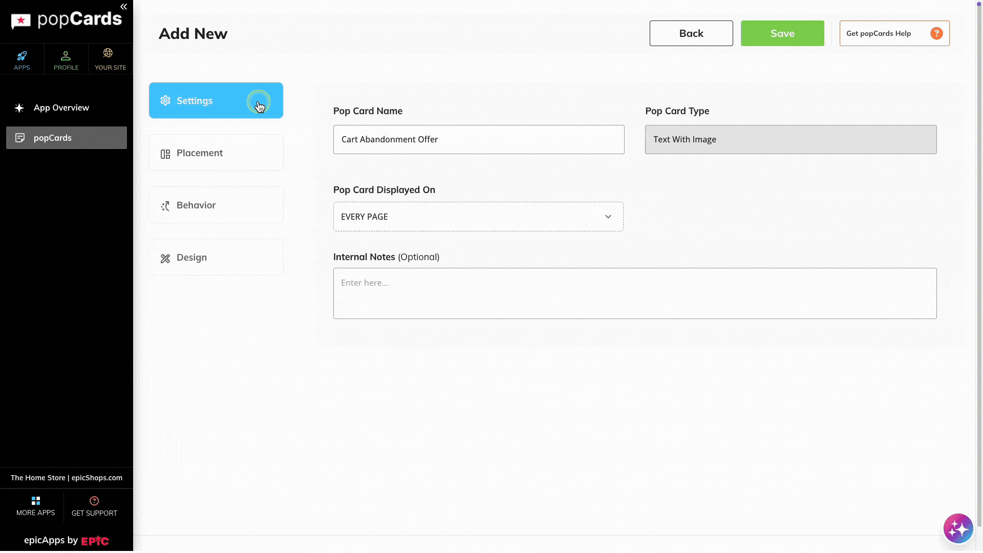 Animated demonstration of clicking Start to open the customization screen and navigating through the Settings, Placement, Behavior, and Design sections.