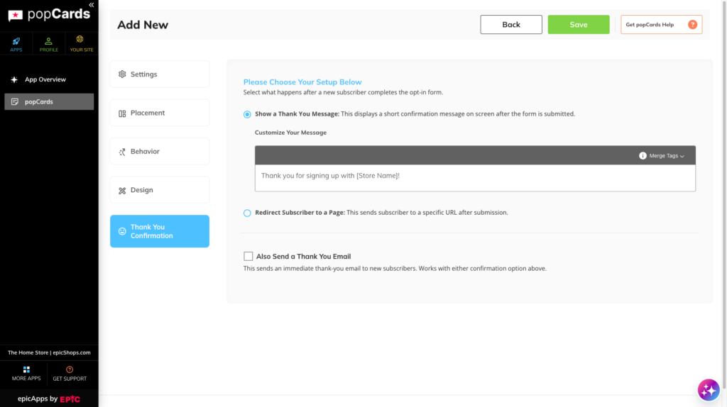 Customization sidebar showing the Thank You section, available only for Opt-In Pop Cards.