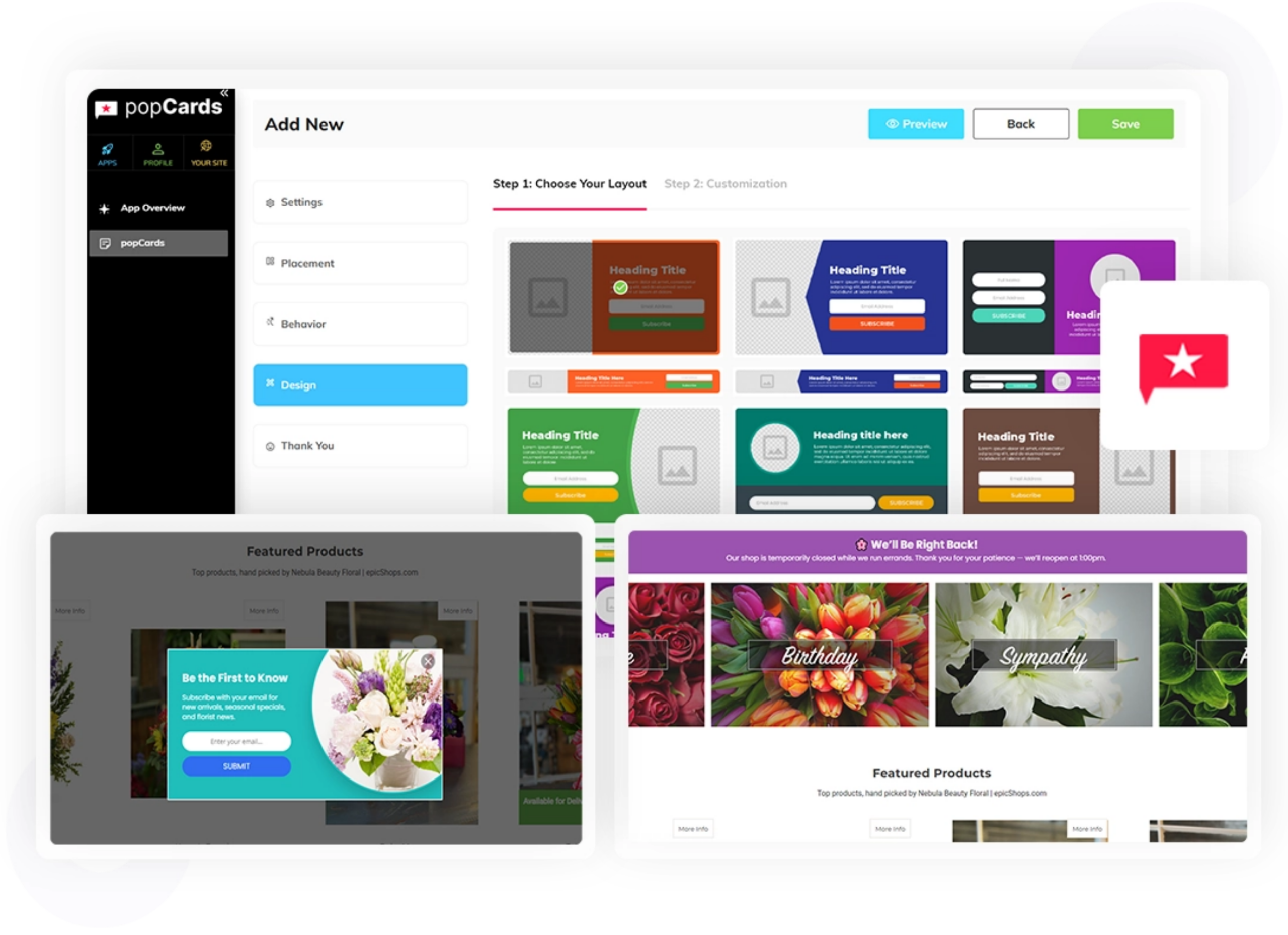 popCards dashboard showing customizable pop-up layouts and design options, with opt-in and announcement PopCard previews; chat bubble star icon overlay.