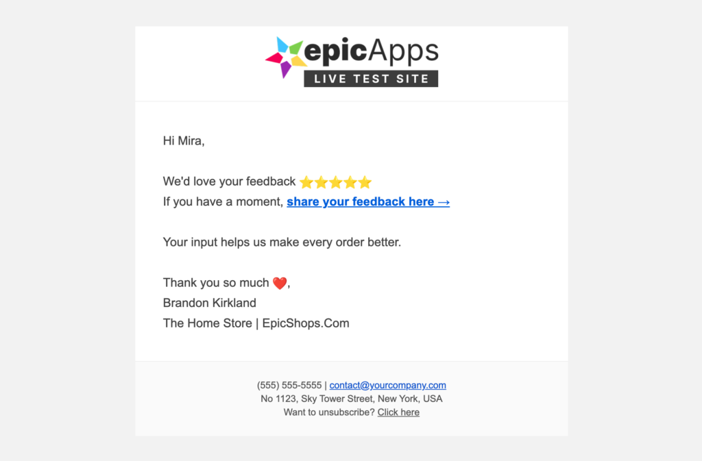 Review request email inviting the customer to rate their order without displaying a photo of the purchased item.