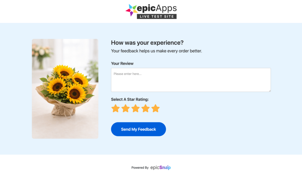 Rate Order Page displaying the purchased item, star rating, and review form for the customer.