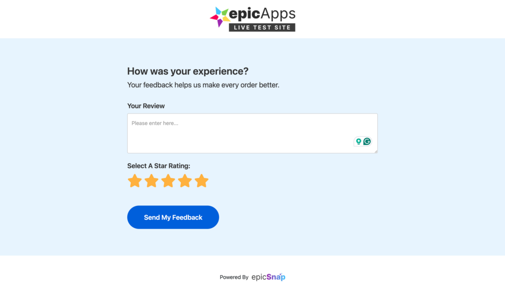 Rate Order Page where the customer can rate their order and leave a written review without a product photo.