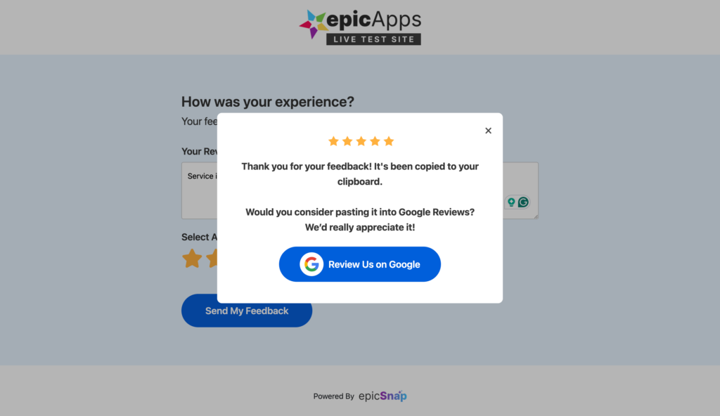 Feedback message shown after a customer submits a 4- or 5-star review, including the option to continue to Google Reviews.