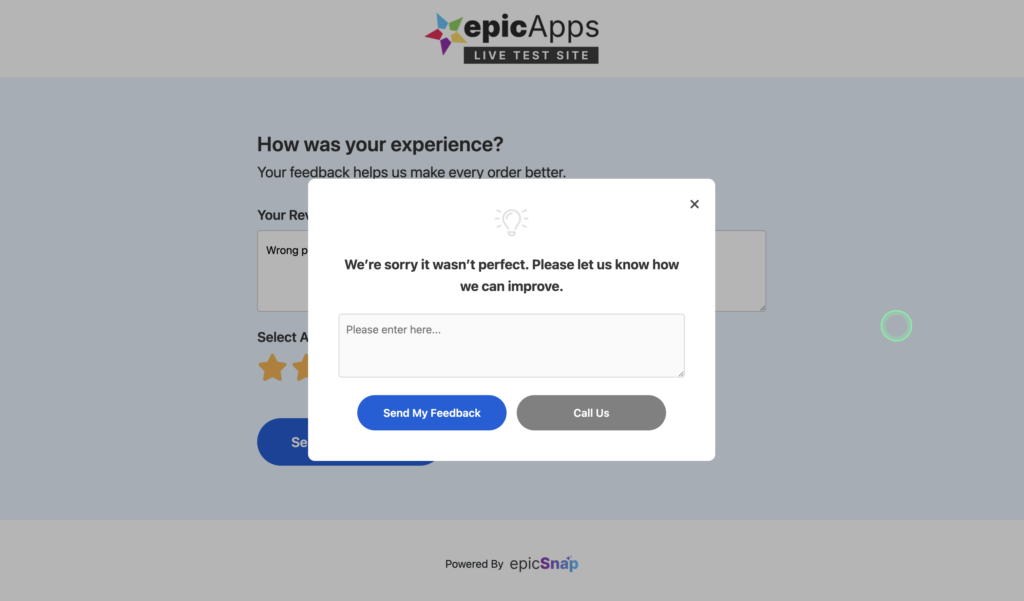 Feedback message shown after a customer submits a 1- to 3-star rating, encouraging them to contact the business directly.
