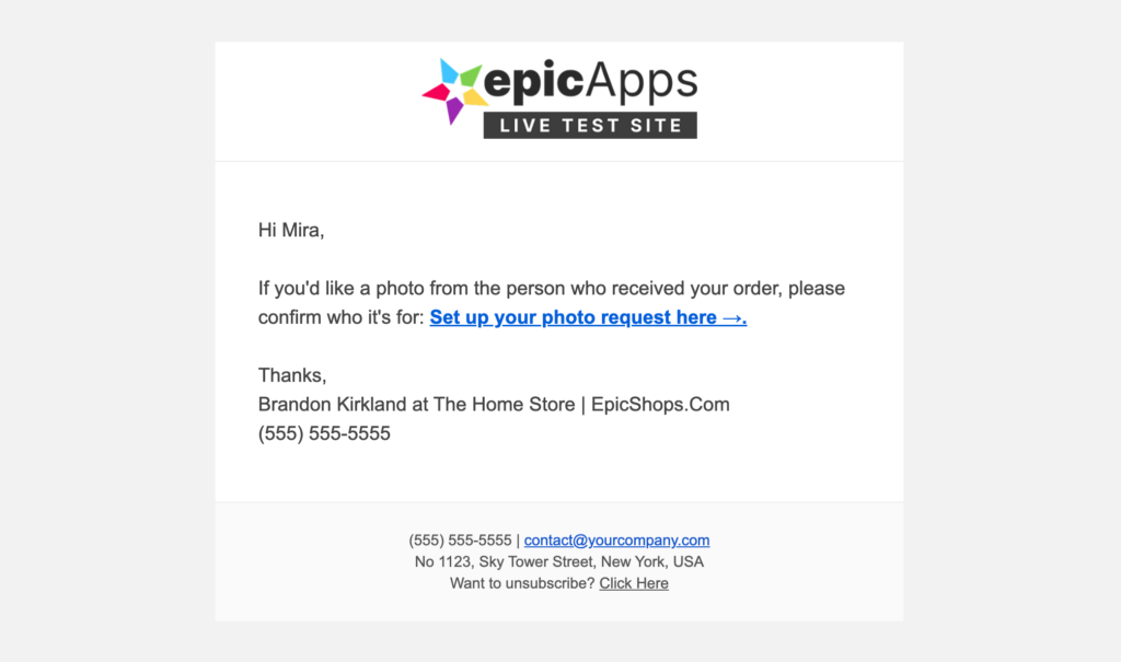 Email inviting the customer to request a photo from the order recipient after submitting a review.