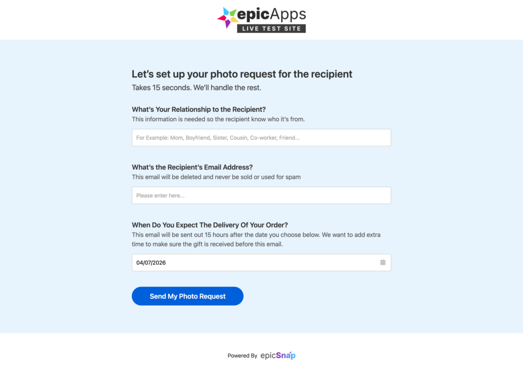 Image request page where customers can request a photo from the order recipient.