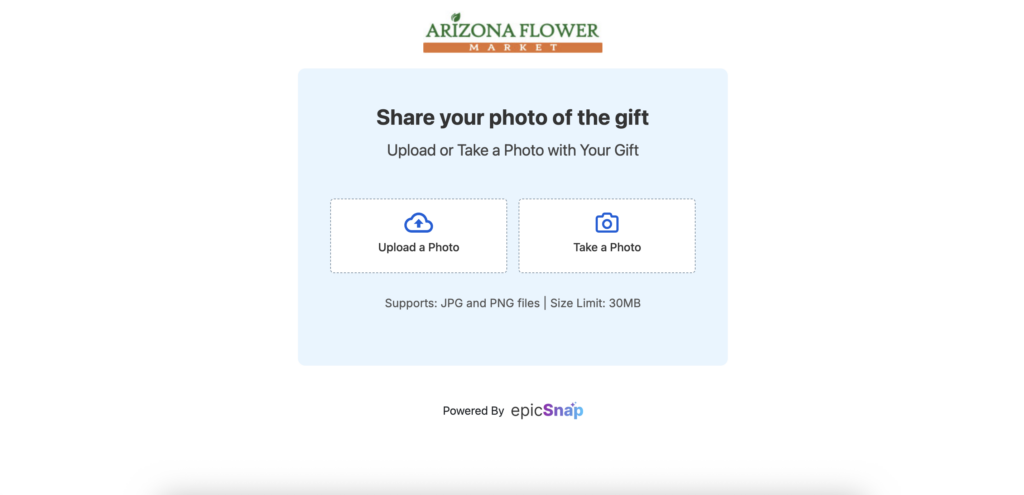 Page where the order recipient can upload or take a photo and submit it with the request.