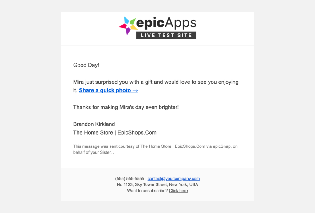 Email sent to the order recipient asking them to upload or take a photo of their order.