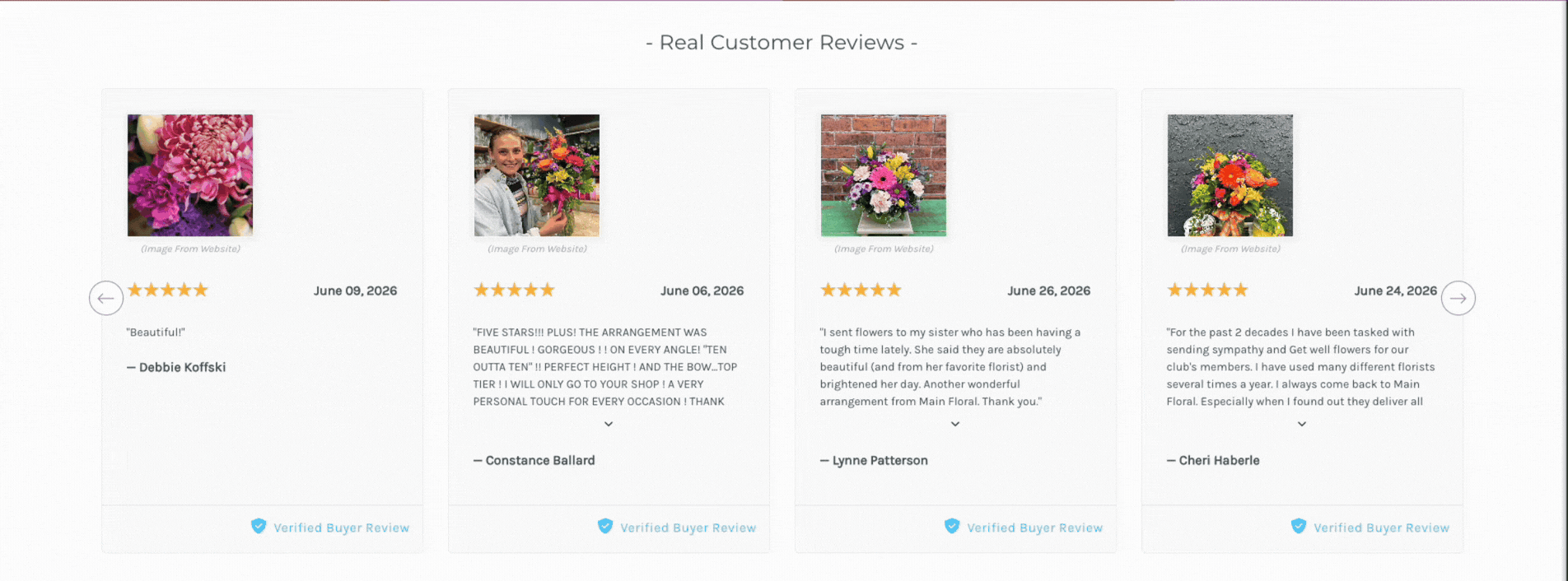Animation showing visitors browsing customer reviews by navigating through the on-site reviews widget carousel.