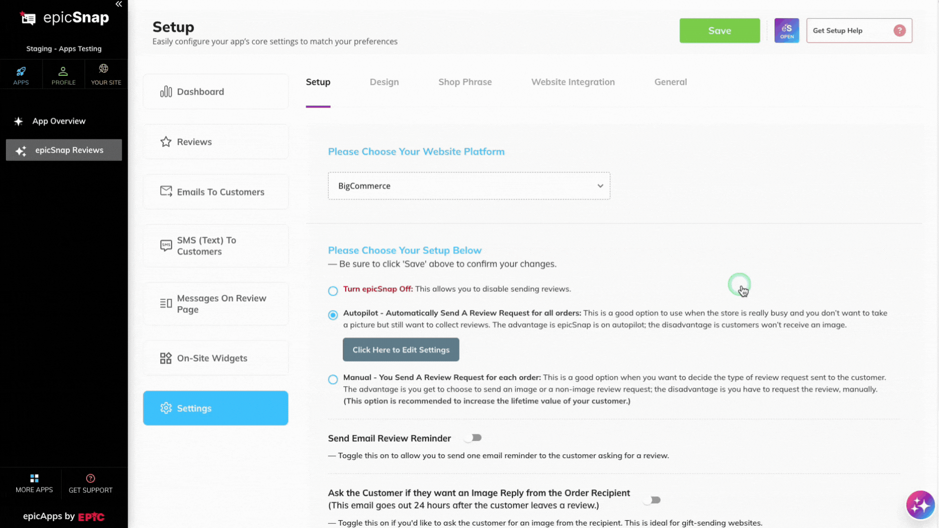 Setup page showing the optional settings for email reminders and customer image reply requests.