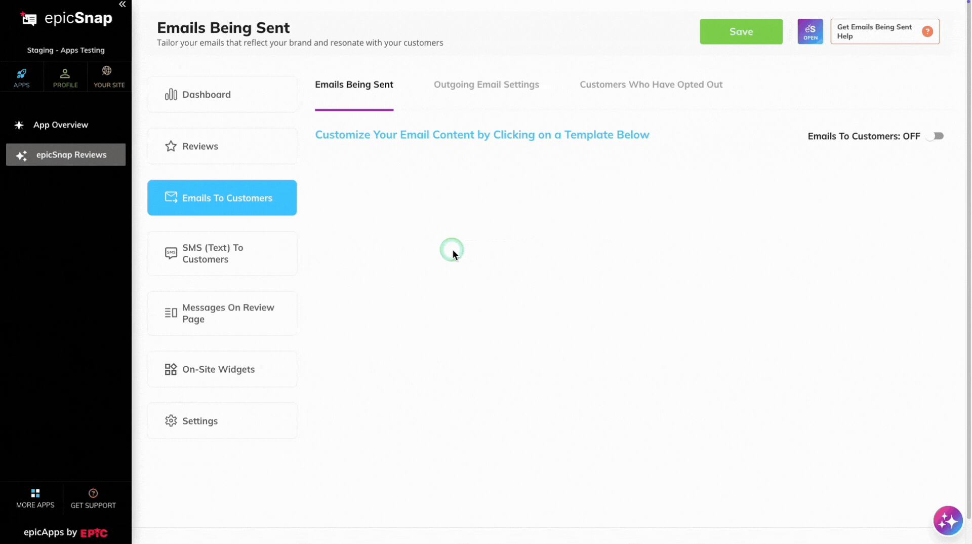 Emails Being Sent page showing the default review request email templates available for customers.O