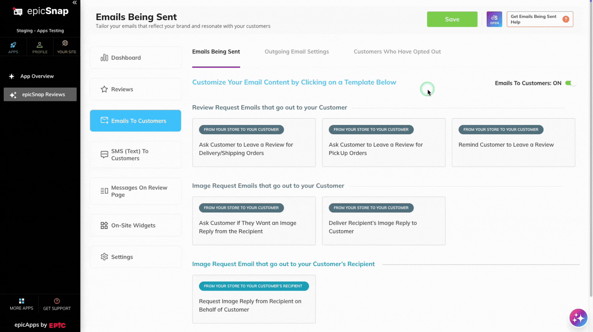 Outgoing Email Settings page showing where to update the sender name for review request emails.