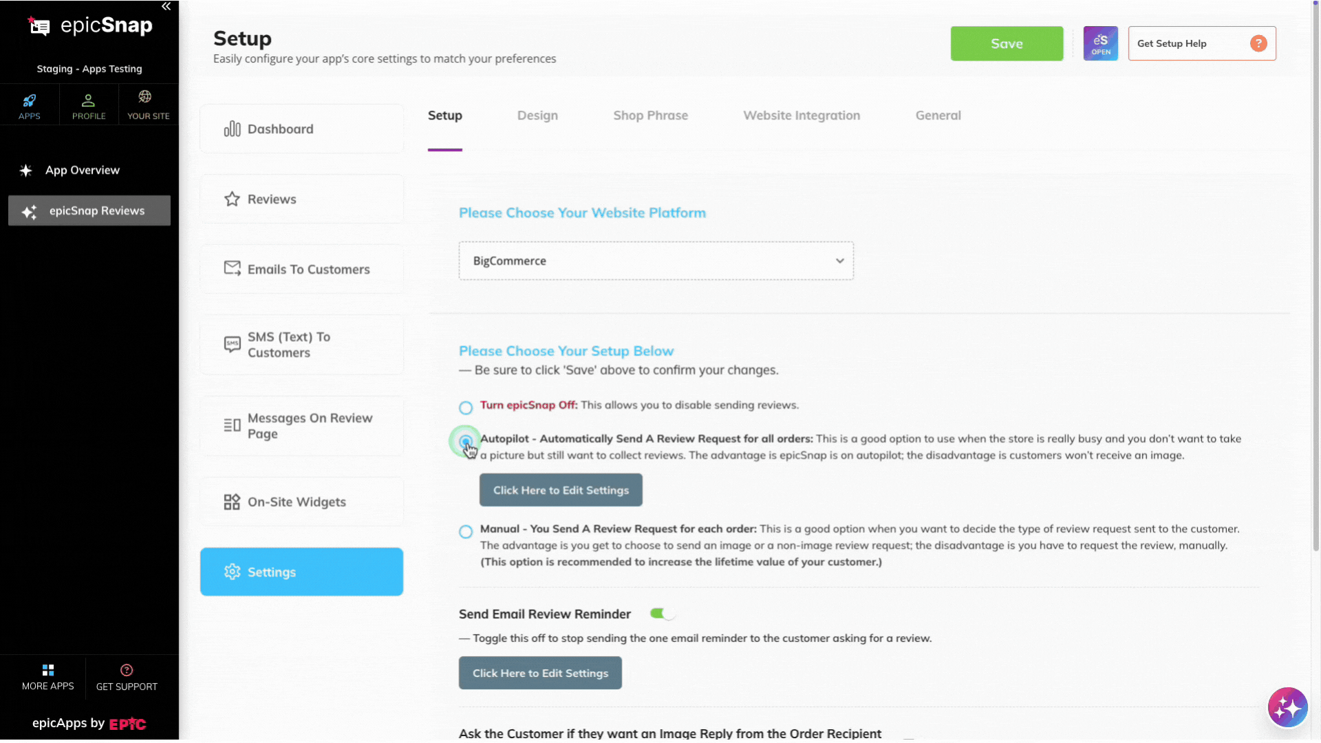 Autopilot settings showing where to choose the review request trigger, schedule, and save the automation settings.